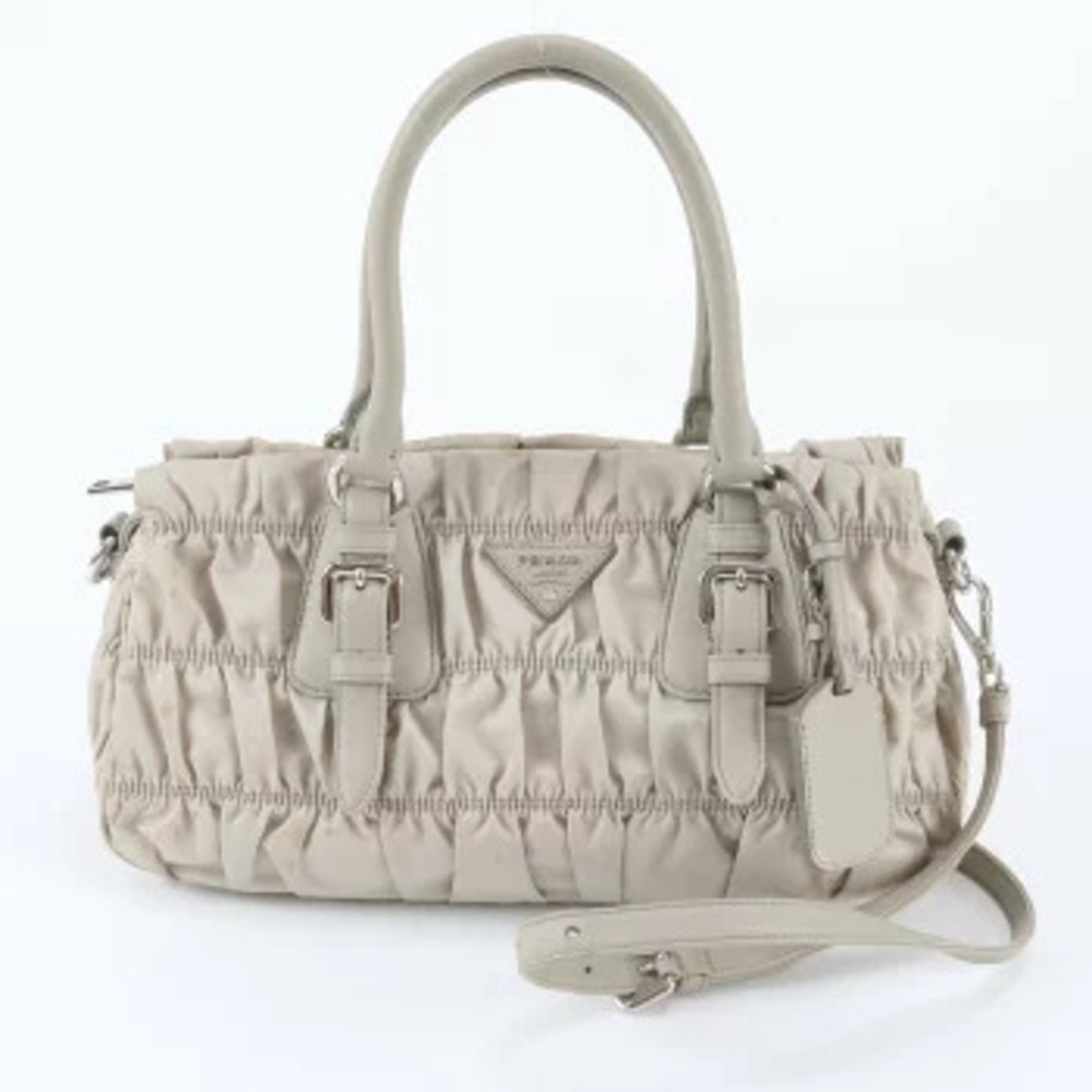 Prada Tessuto Triangle Gathered Leather 2Way Crossbody Bag Silver
